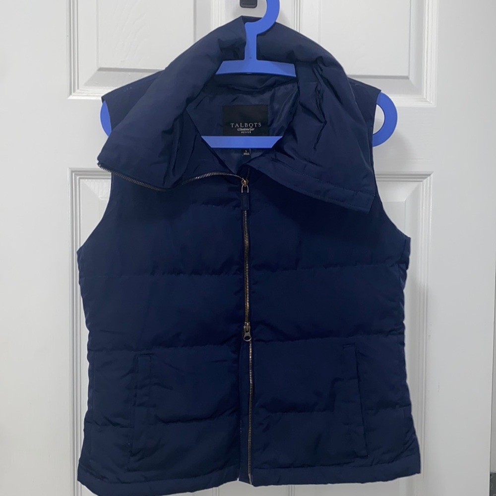 Talbots Down Oversized Collar Puffer Vest Navy Blue Women’s Small Petite‎